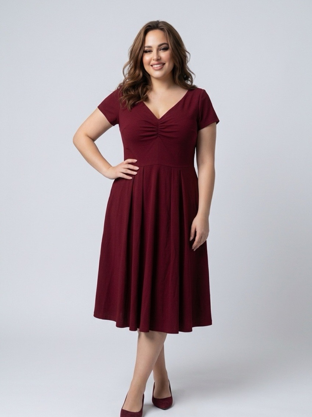 SHEIN V-Neck Fit & Flare Dress in Burgundy